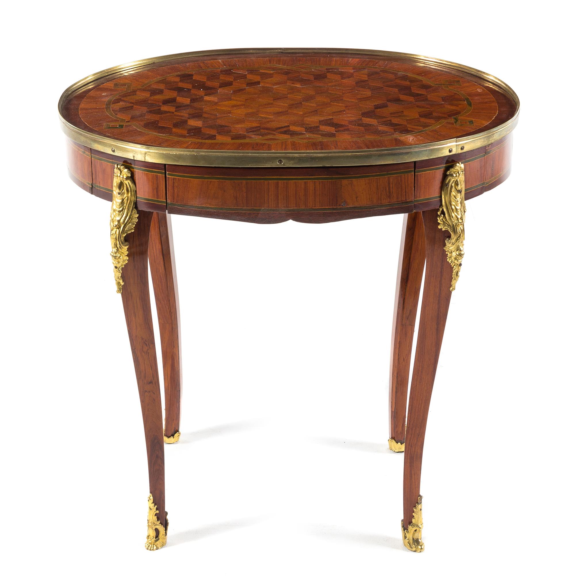 A Louis XV Style Gilt Metal Mounted Parquetry Side Table Height 25 x width 25 1/2 inches. — 19TH/20TH CENTURY