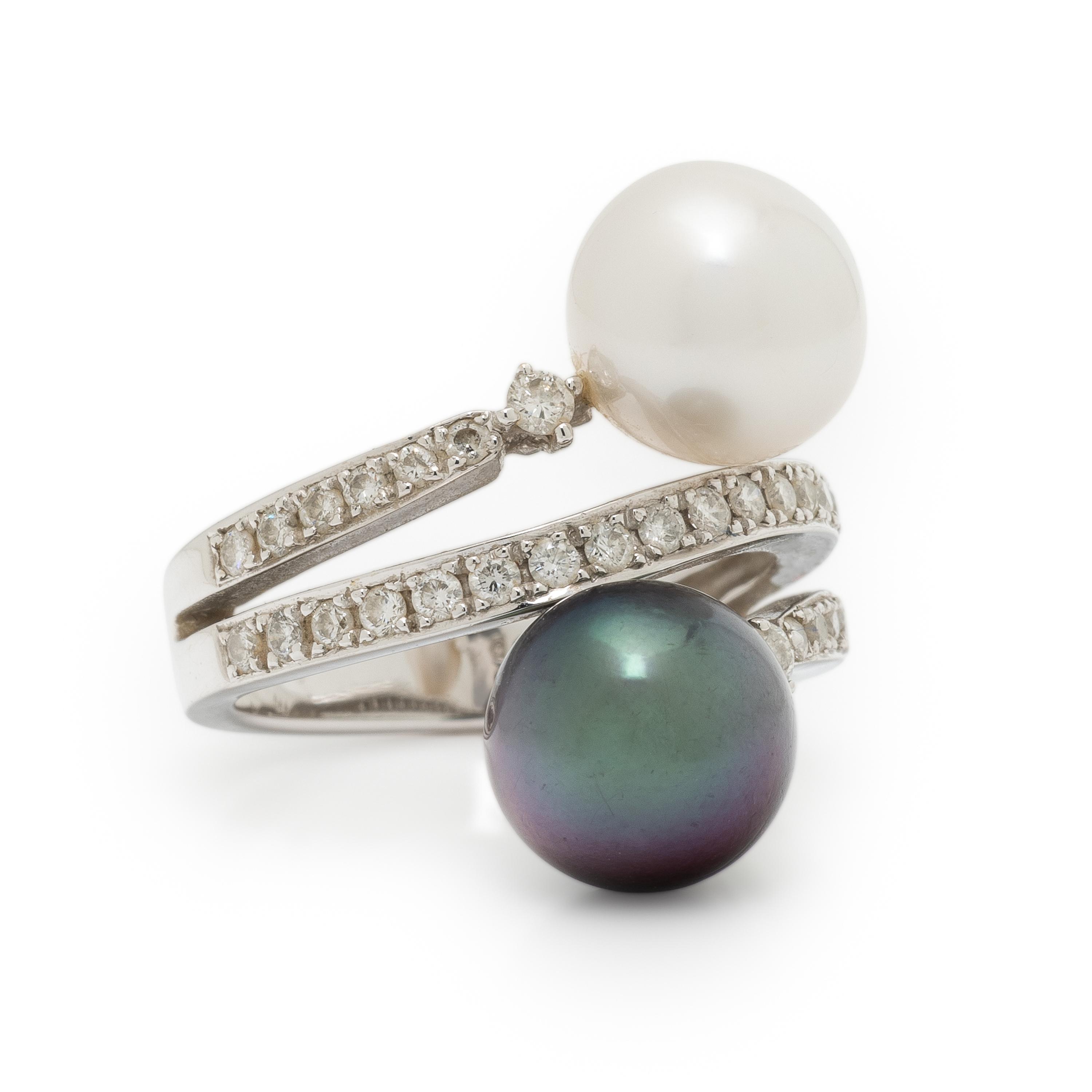 Cultured Pearl, Diamond, and White Gold Bypass Ring