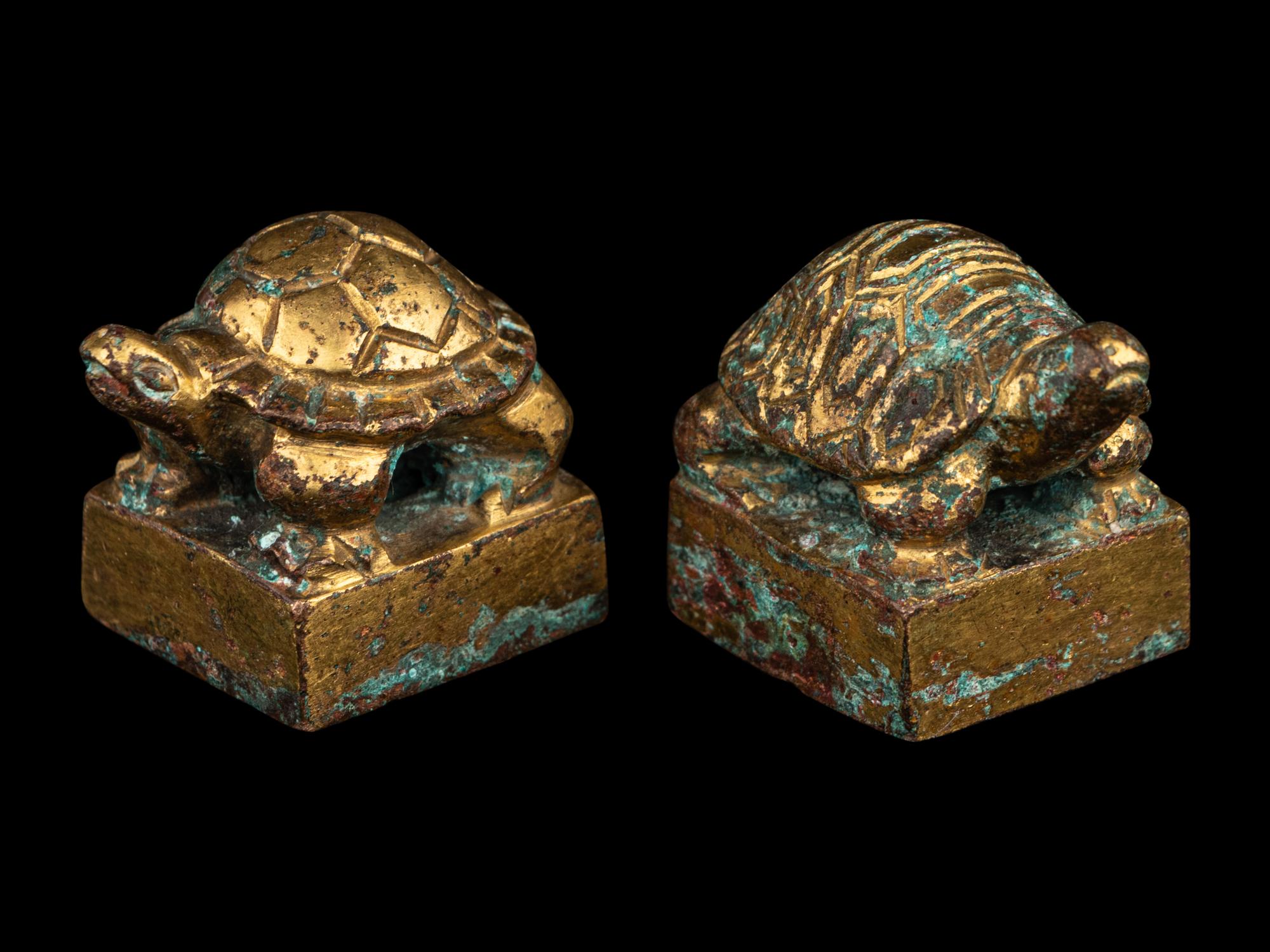 Two Gilt Bronze 'Tortoise' Square Seals