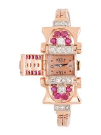 HAMILTON, RETRO, 14K ROSE GOLD, RUBY AND DIAMOND SURPRISE WRISTWATCH