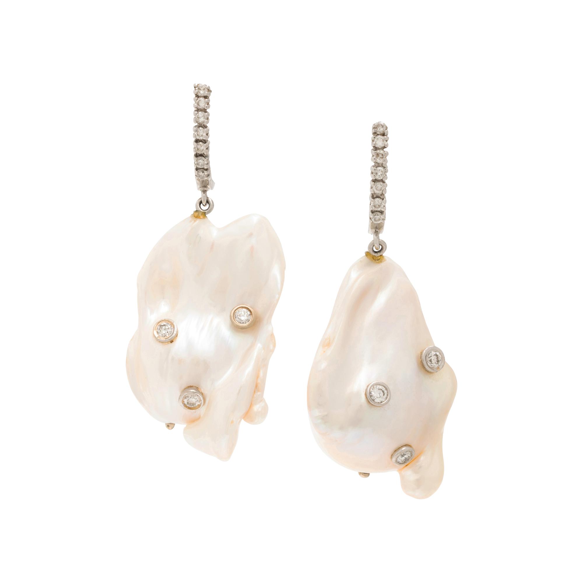 Stambolian, Baroque Cultured Pearl, Diamond, and White Gold Earrings