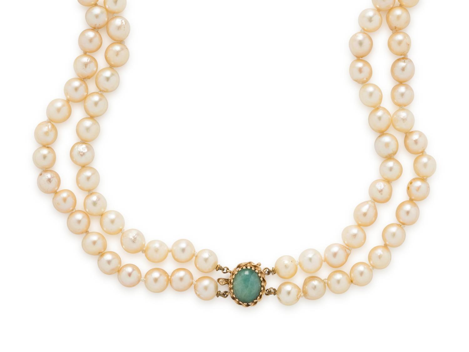 DOUBLE STRAND CULTURED PEARL AND JADE NECKLACE