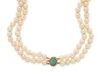 DOUBLE STRAND CULTURED PEARL AND JADE NECKLACE