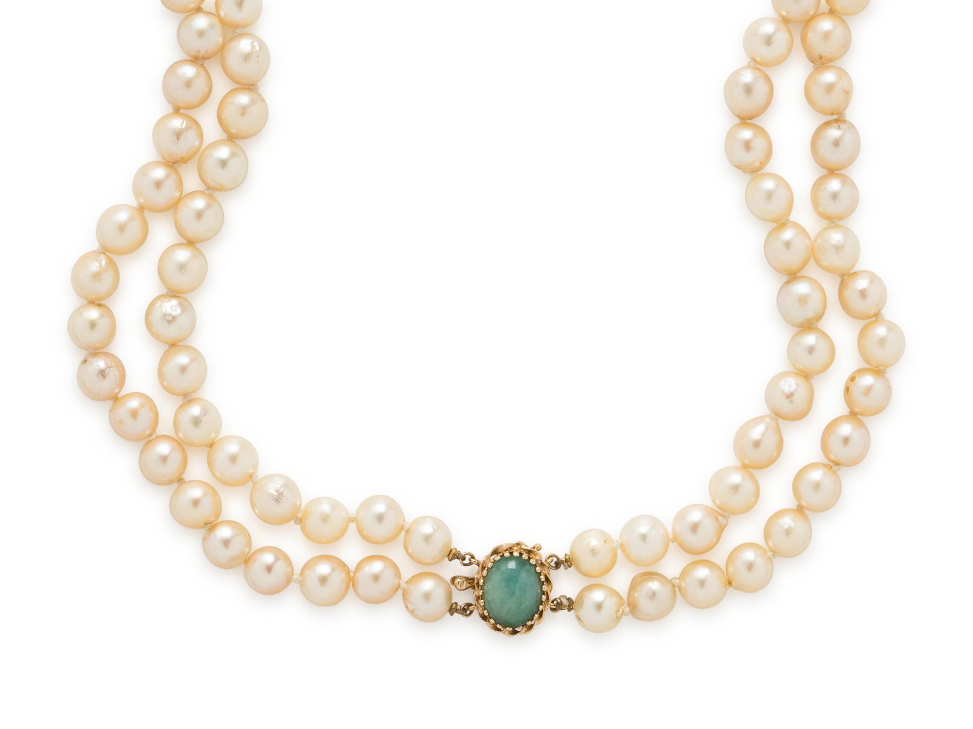 DOUBLE STRAND CULTURED PEARL AND JADE NECKLACE
