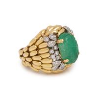 YELLOW GOLD, CARVED EMERALD AND DIAMOND RING