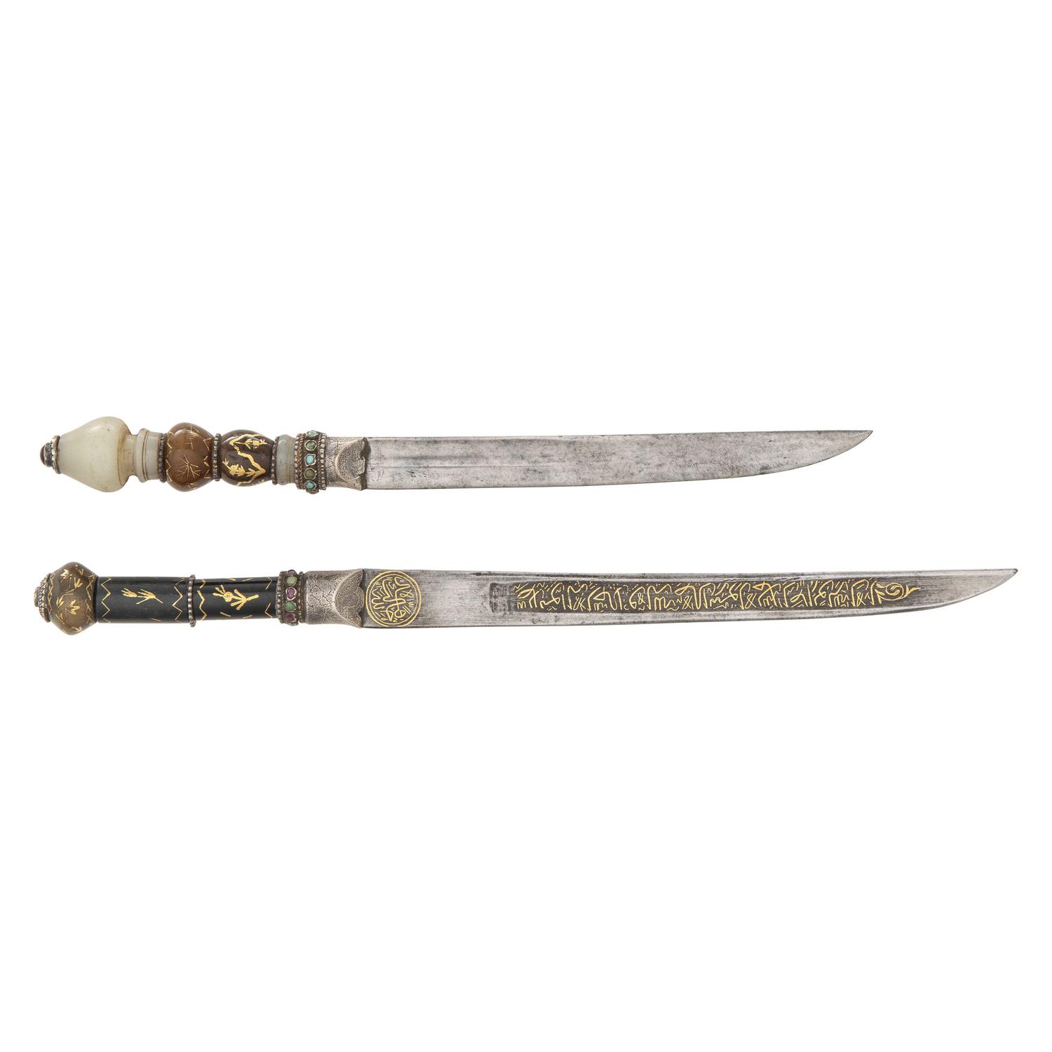 Pair of Unusual 19th Century Ottoman Kard Daggers with Jade Hilts and Gold Inlays