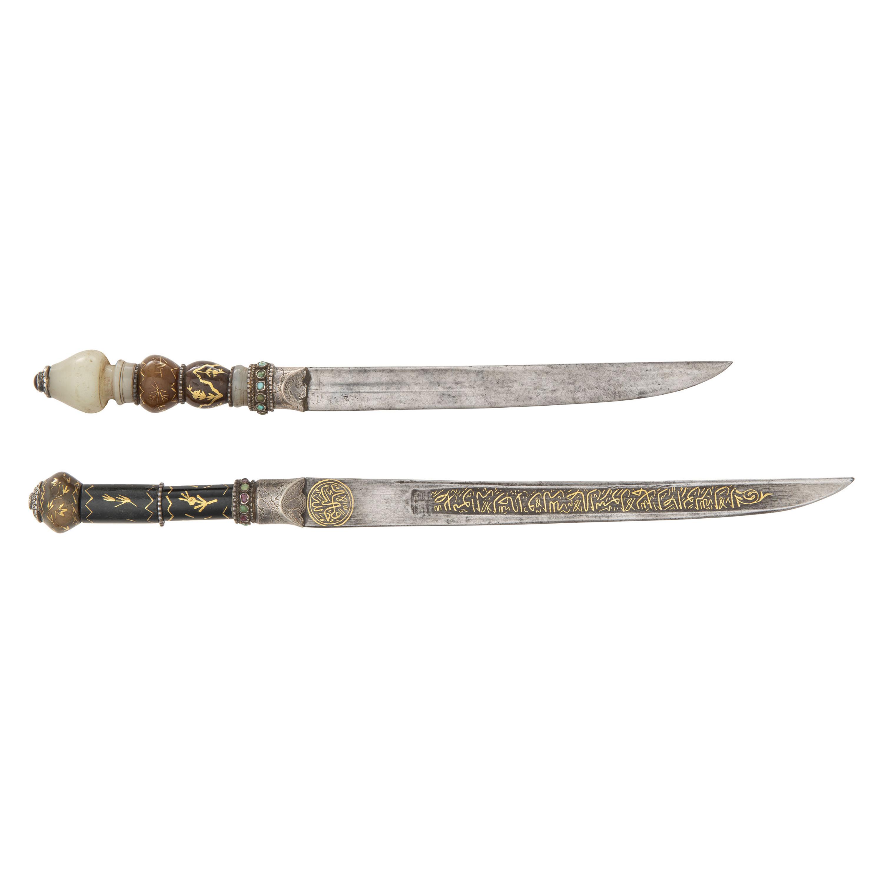 Pair of Unusual 19th Century Ottoman Kard Daggers with Jade Hilts and Gold Inlays