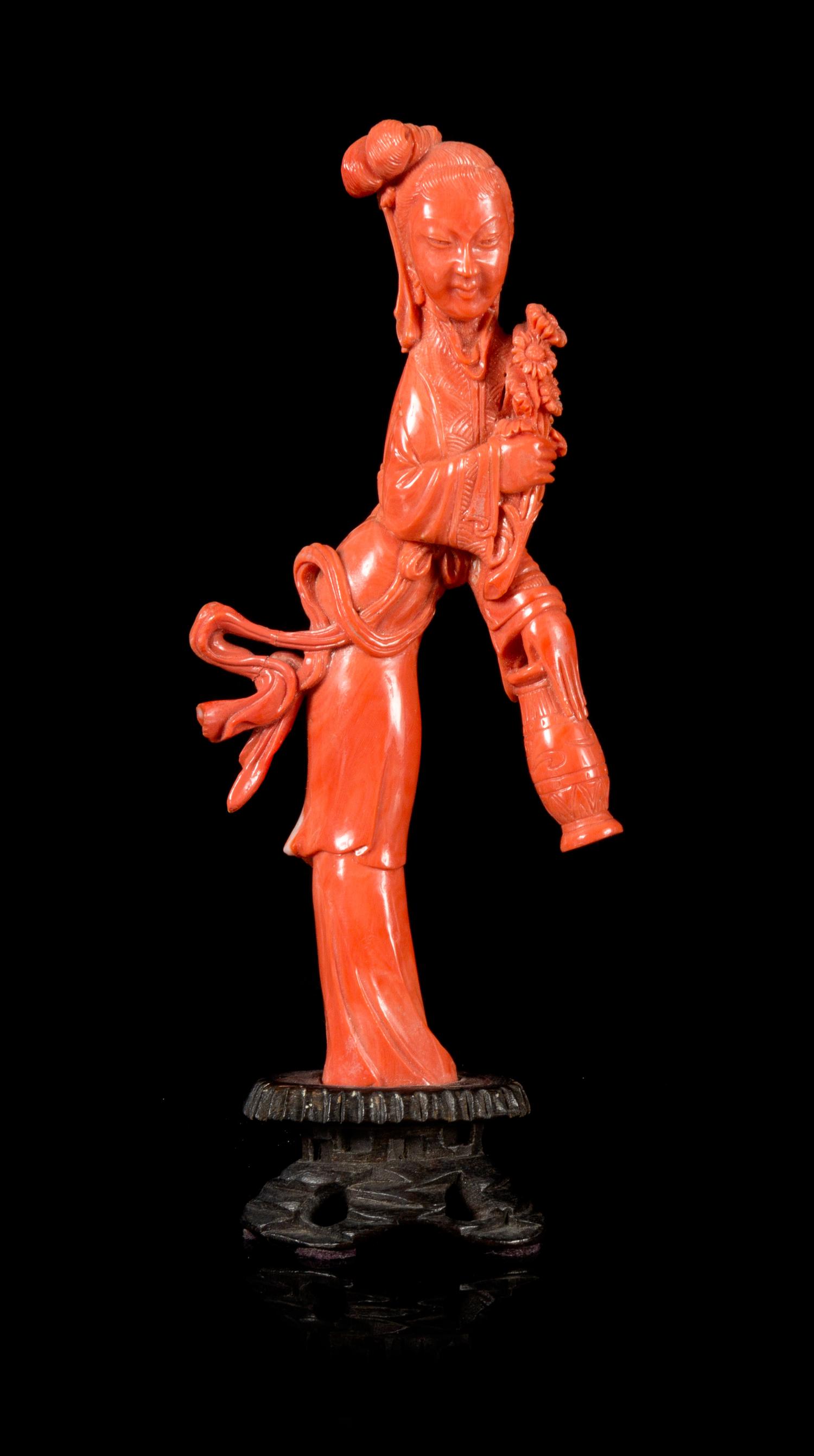 A Carved Red Coral Figure of a Meiren Height of coral 5 1/2 inches. — LATE 19TH/EARLY 20TH CENTURY