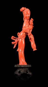 A Carved Red Coral Figure of a Meiren Height of coral 5 1/2 inches. — LATE 19TH/EARLY 20TH CENTURY
