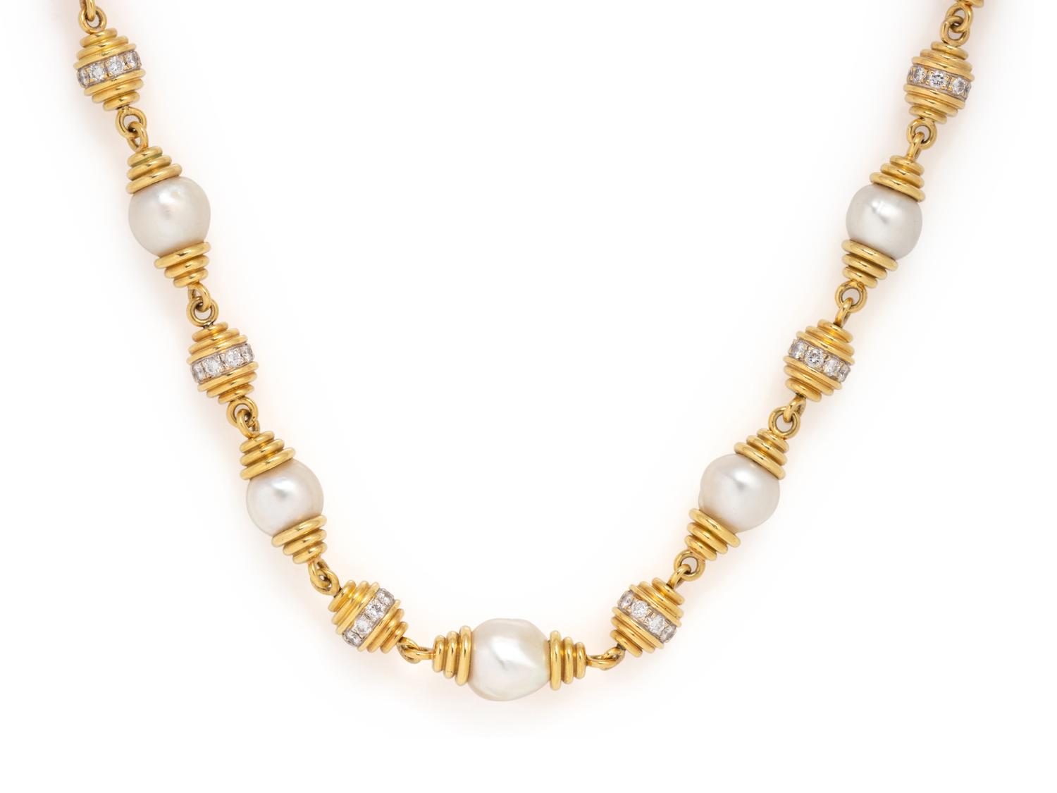 YELLOW GOLD, DIAMOND AND CULTURED BAROQUE PEARL NECKLACE