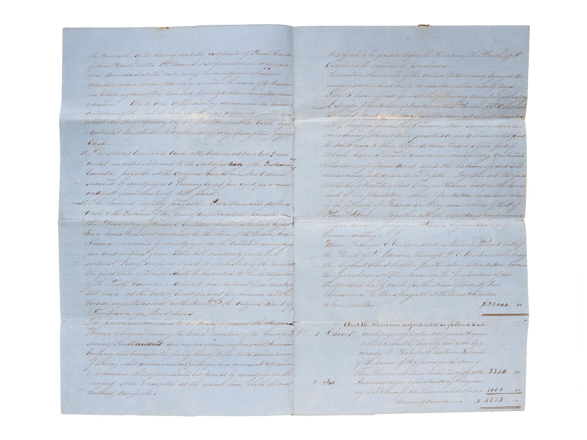 [SLAVERY & ABOLITION]. Manuscript "Process Verbal of Sale" of the late George Rixner, incl. list of 45 enslaved African Americans. St. Charles Parish, LA,1 March 1856.