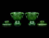 A Pair of Chinese Carved Spinach Jade Covered Jars