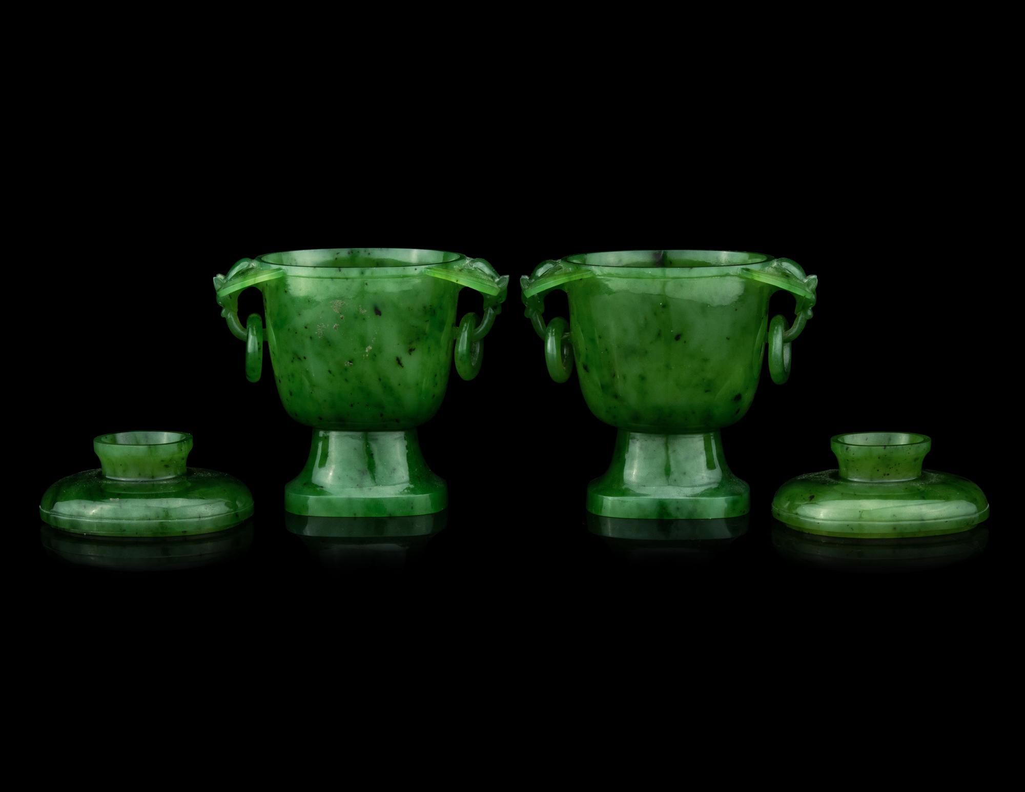 A Pair of Chinese Carved Spinach Jade Covered Jars