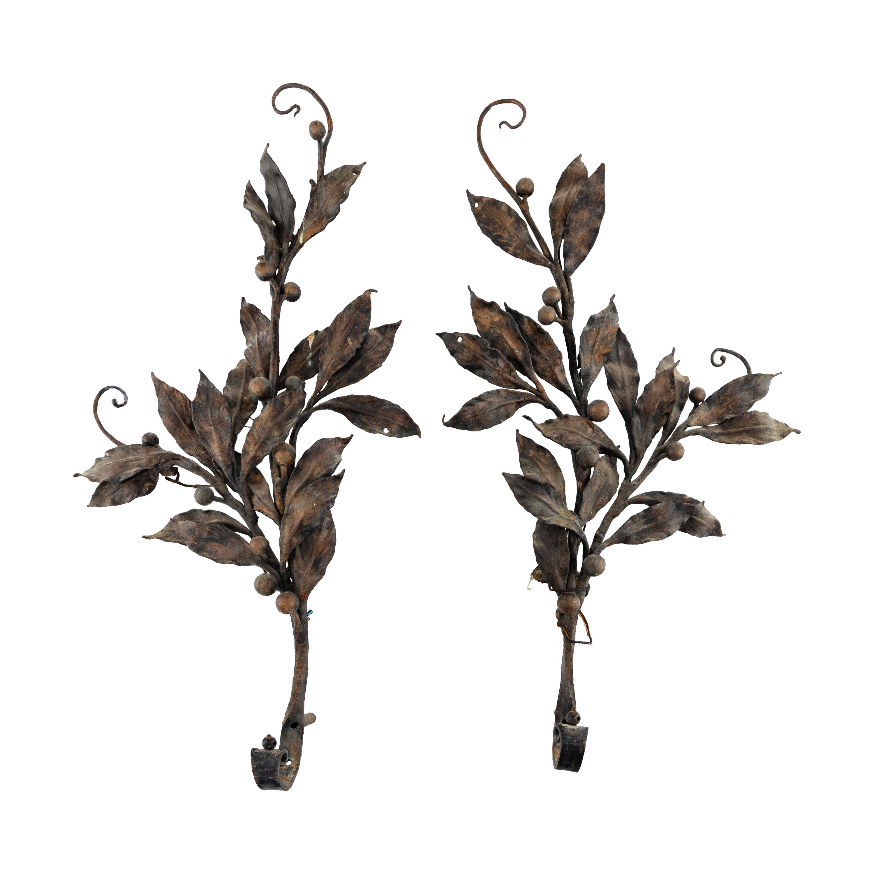A Pair of Patinated Iron and Tole Fruiting Branch-Form Wall Lights