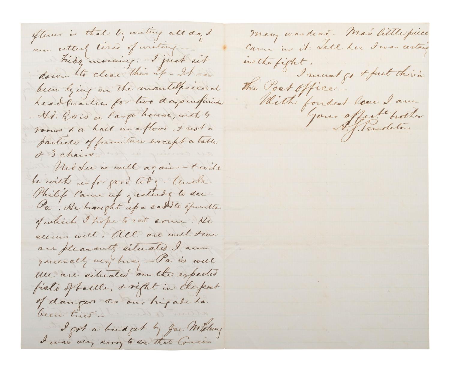 PENDLETON, Alexander Swift "Sandie" (1840-1864). Autograph letter signed ("A.S. Pendleton"). Winchester, [VA], 10 July 1861.