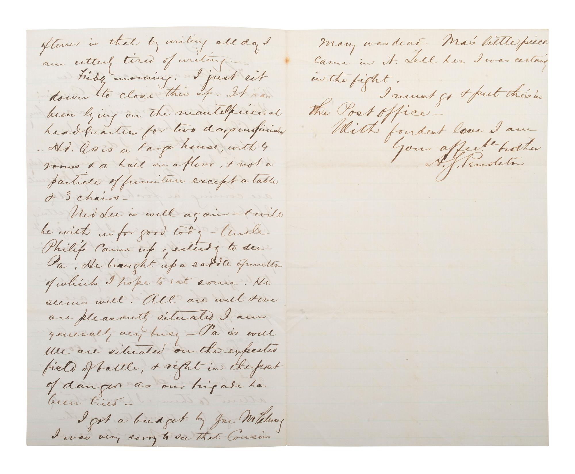 PENDLETON, Alexander Swift "Sandie" (1840-1864). Autograph letter signed ("A.S. Pendleton"). Winchester, [VA], 10 July 1861.