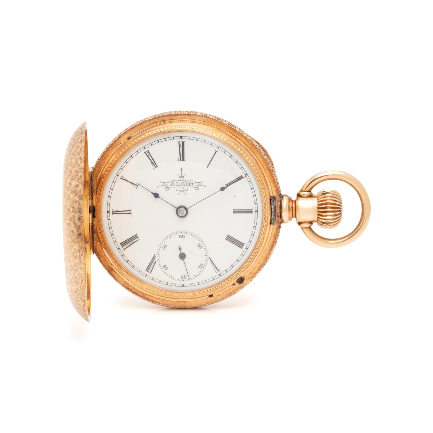 ELGIN, 14K YELLOW GOLD AND DIAMOND HUNTER CASE POCKET WATCH