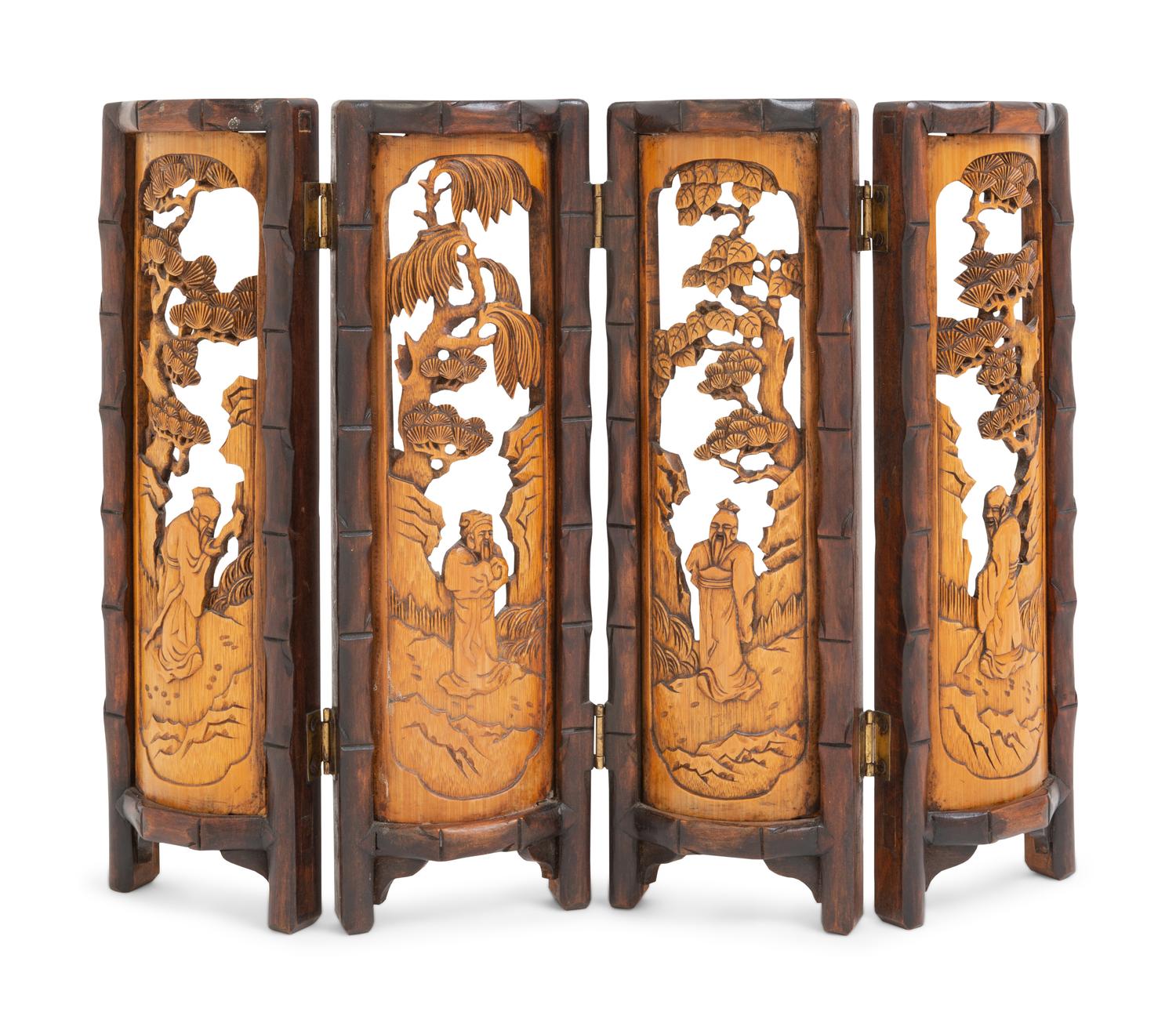 A Chinese Carved Bamboo and Hardwood Table Screen