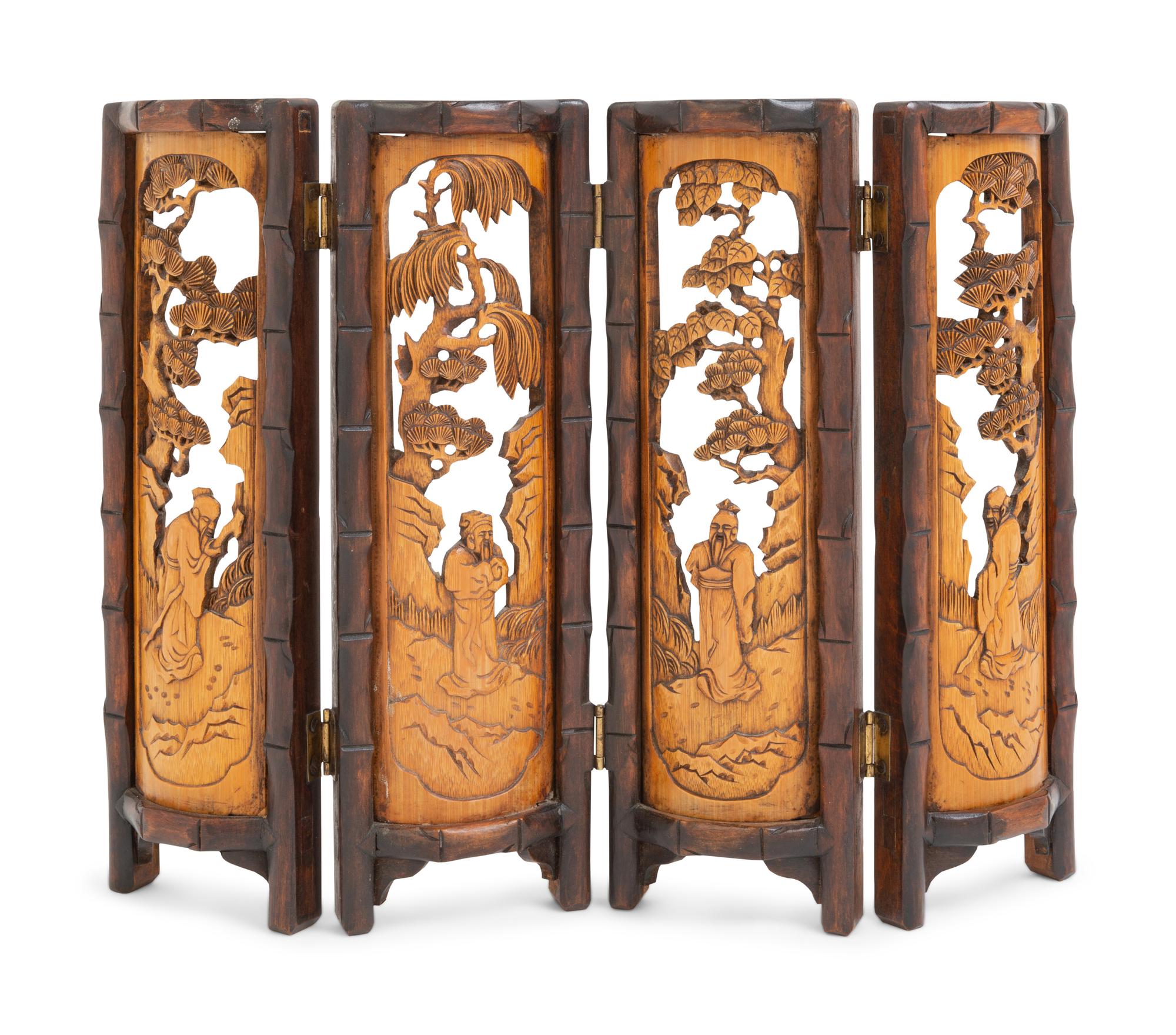 A Chinese Carved Bamboo and Hardwood Table Screen