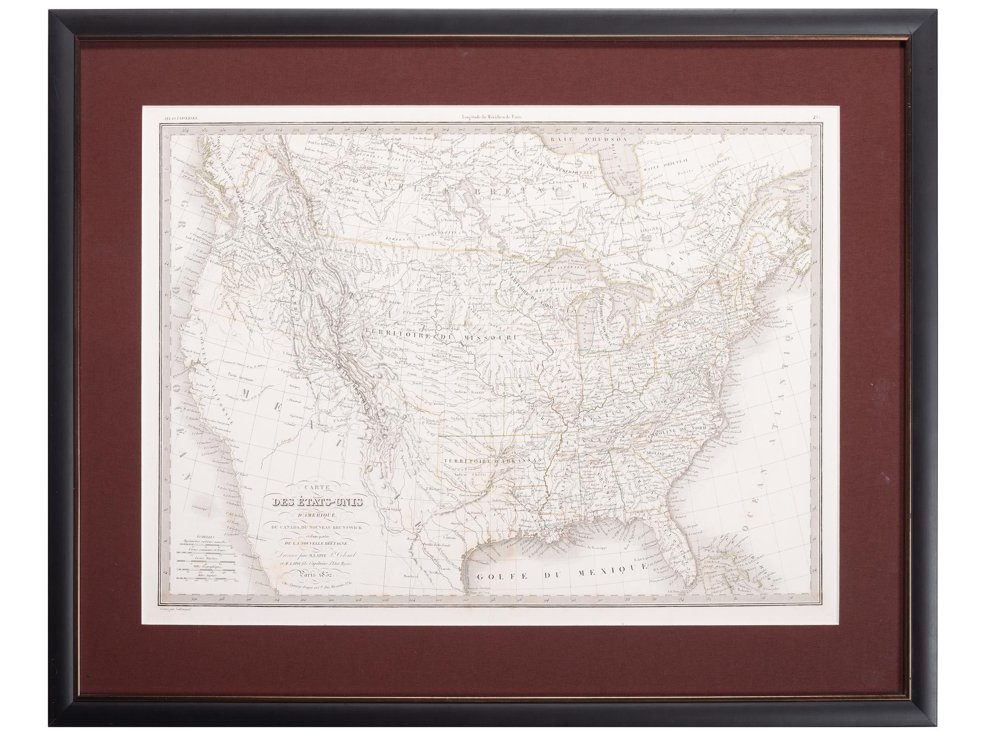[MAPS & ATLASES]. EMILE, Alexander (1820-1886) and Pierre LAPIE (1777/1779-1850). Carte des Etats-Unis d'Amerique, du Canada, du Nouveau Brunswick et d'une Partie de la Nouvelle Bretagne, Atlas Universel . 1832.