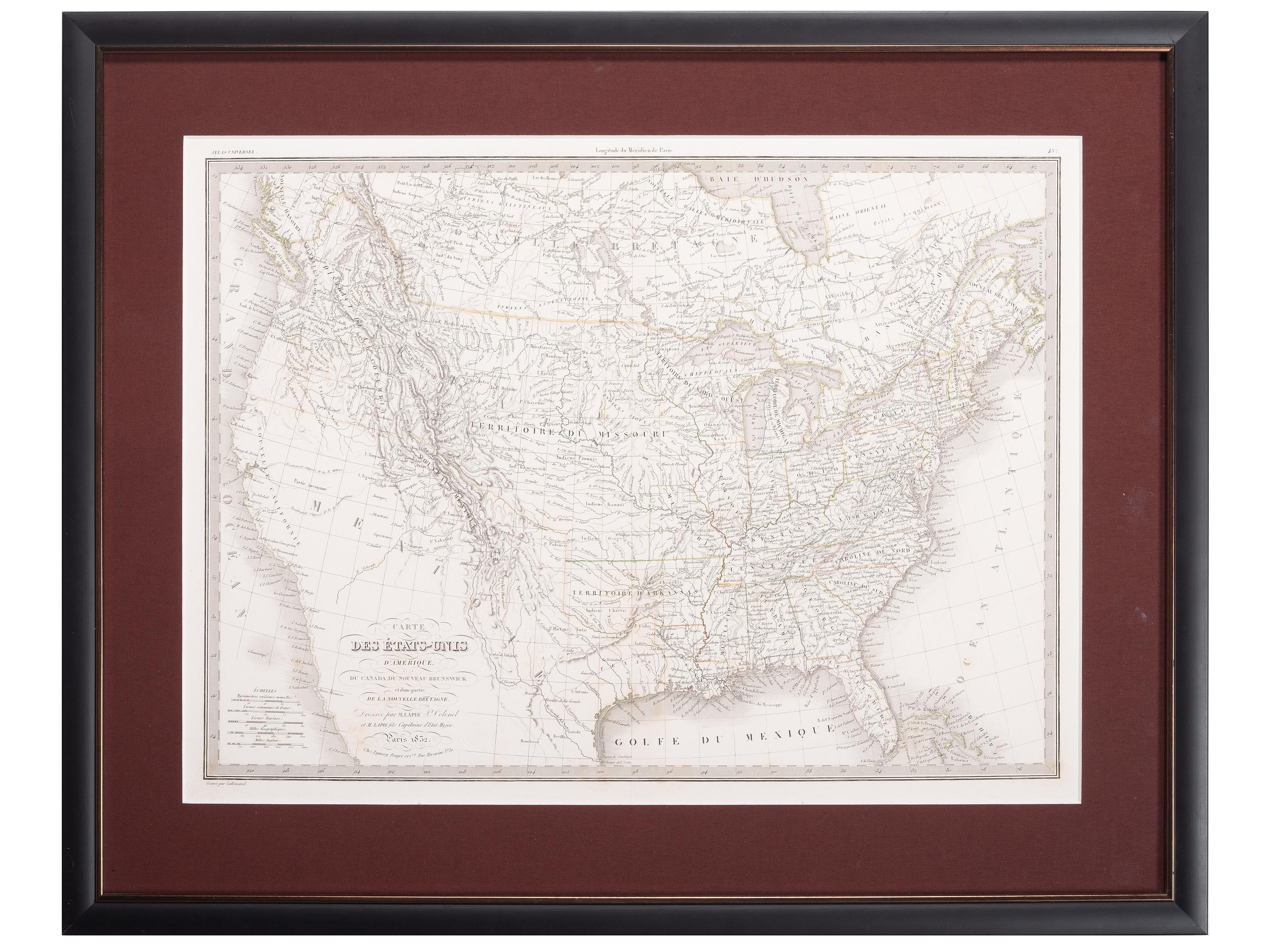 [MAPS & ATLASES]. EMILE, Alexander (1820-1886) and Pierre LAPIE (1777/1779-1850). Carte des Etats-Unis d'Amerique, du Canada, du Nouveau Brunswick et d'une Partie de la Nouvelle Bretagne, Atlas Universel . 1832.