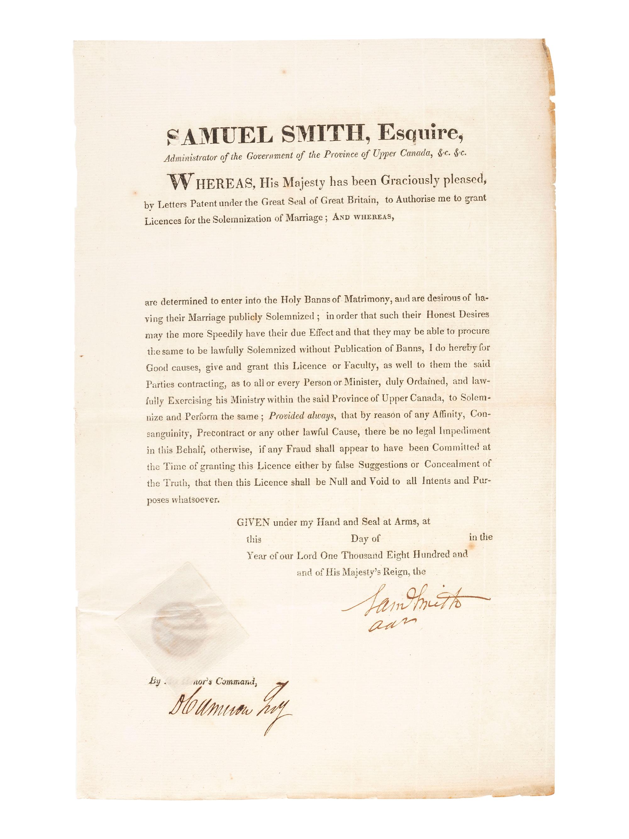 [REVOLUTIONARY WAR]. A group of 2 documents relating to the Province of Upper Canada, including one signed by Loyalist Samuel Smith (1756-1826) who served as Captain of the Queen's Rangers and surrendered at Yorktown.