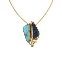 YELLOW GOLD, OPAL, AND DRUZY QUARTZ PENDANT NECKLACE