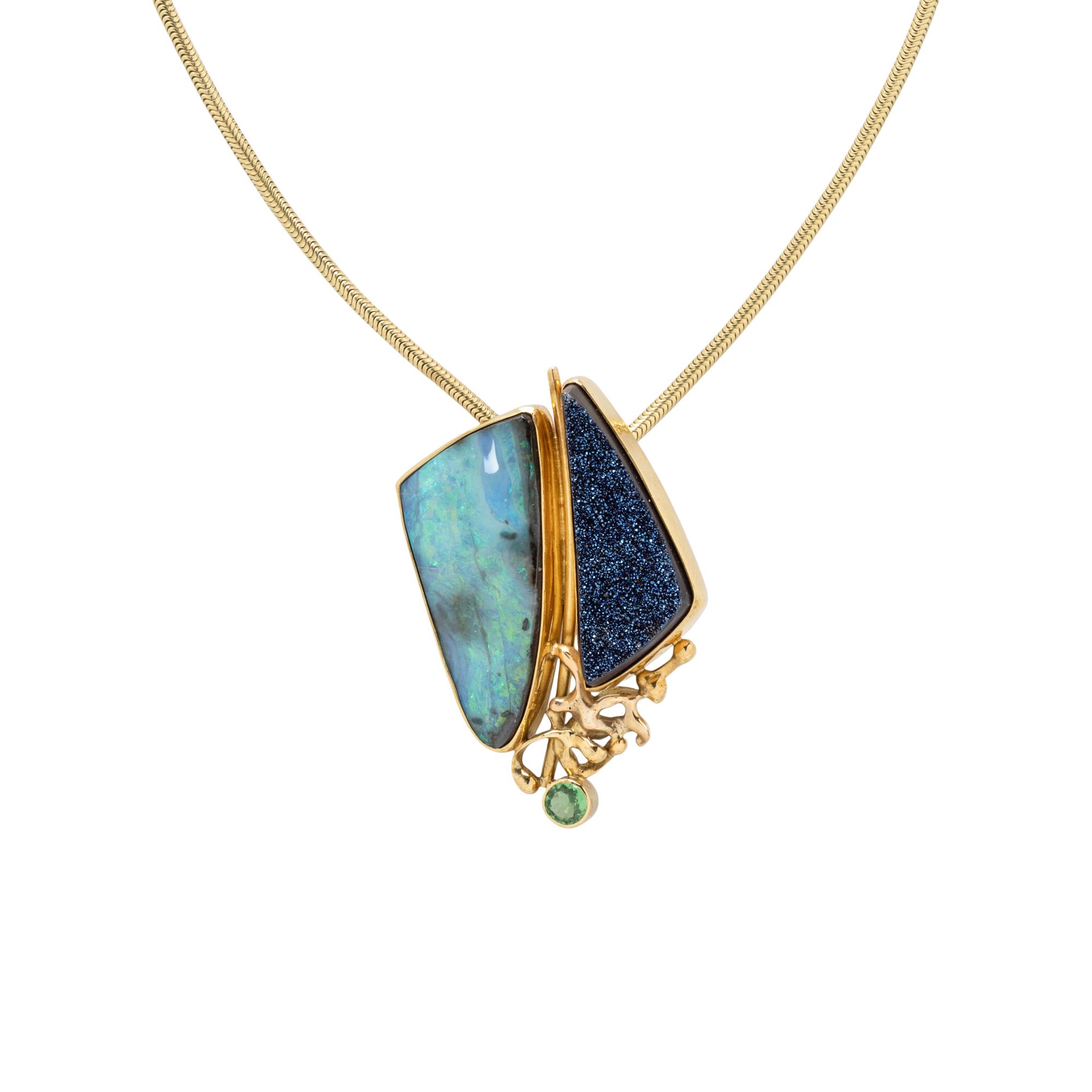 YELLOW GOLD, OPAL, AND DRUZY QUARTZ PENDANT NECKLACE