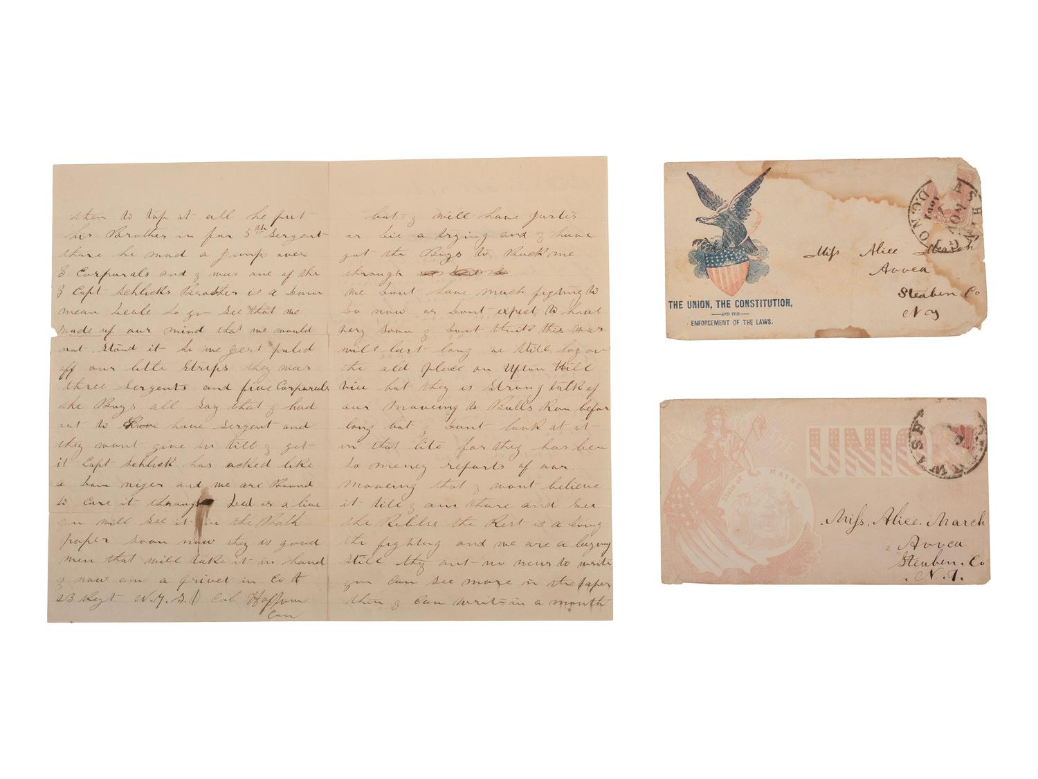Private William March, Company A, 23rd New York Volunteer Infantry Regiment, KIA at Falmouth, VA. A group of items highlighted by remnant of March's Model 1858 forage cap, recovered from the arsenal explosion that killed him.