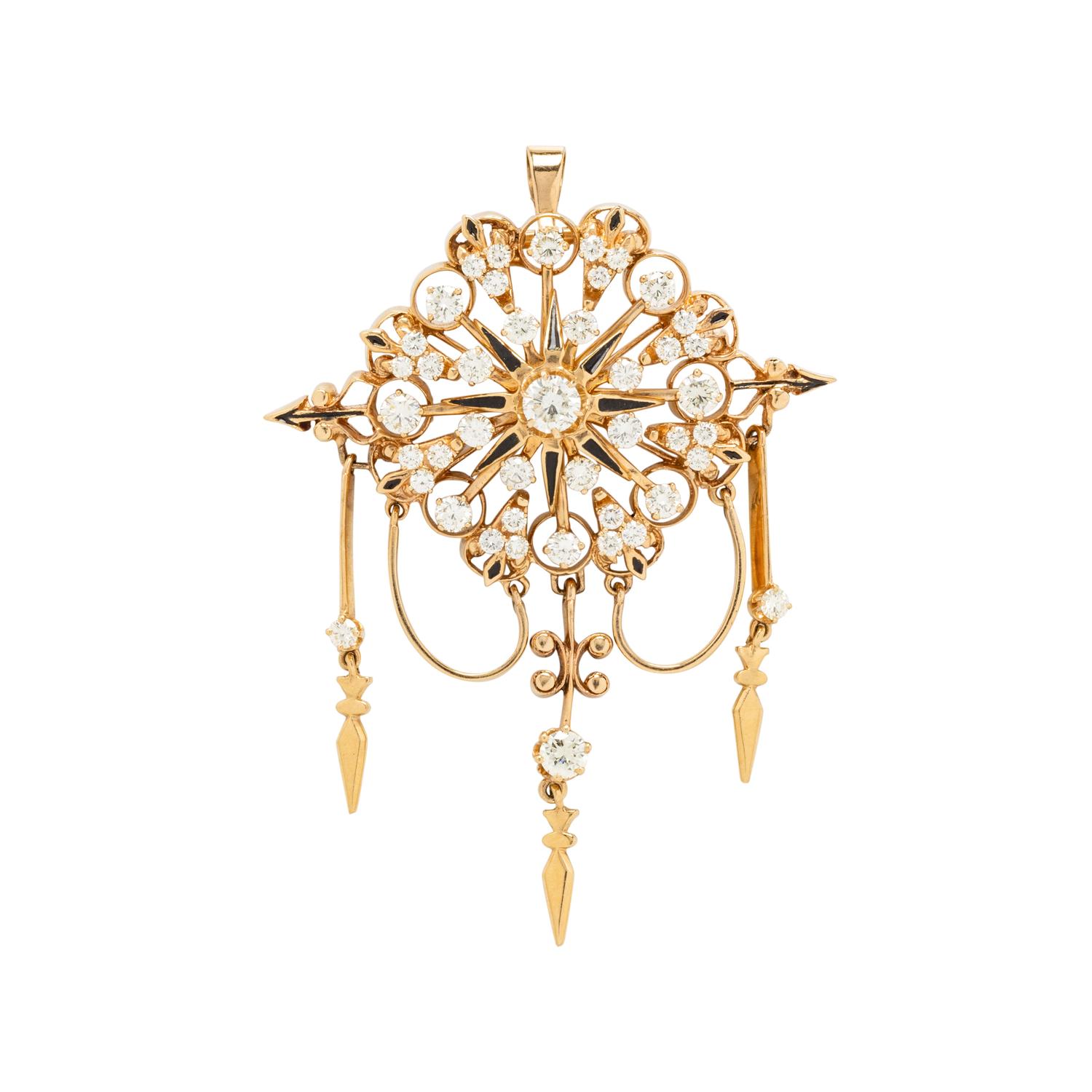 YELLOW GOLD, DIAMOND AND ENAMEL PENDANT/BROOCH