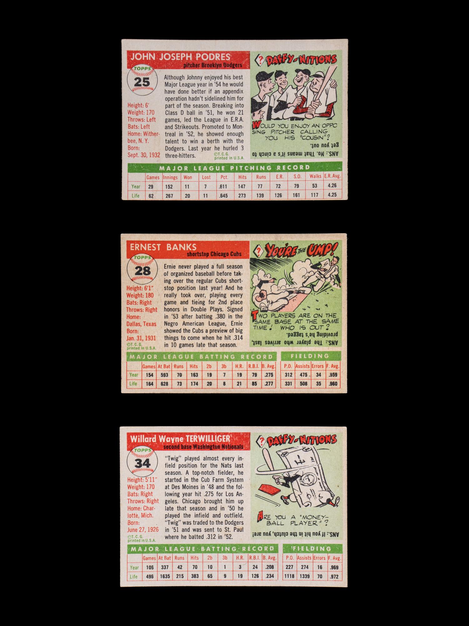 A Group of Three 1955 Topps Cards Including Ernie Banks.