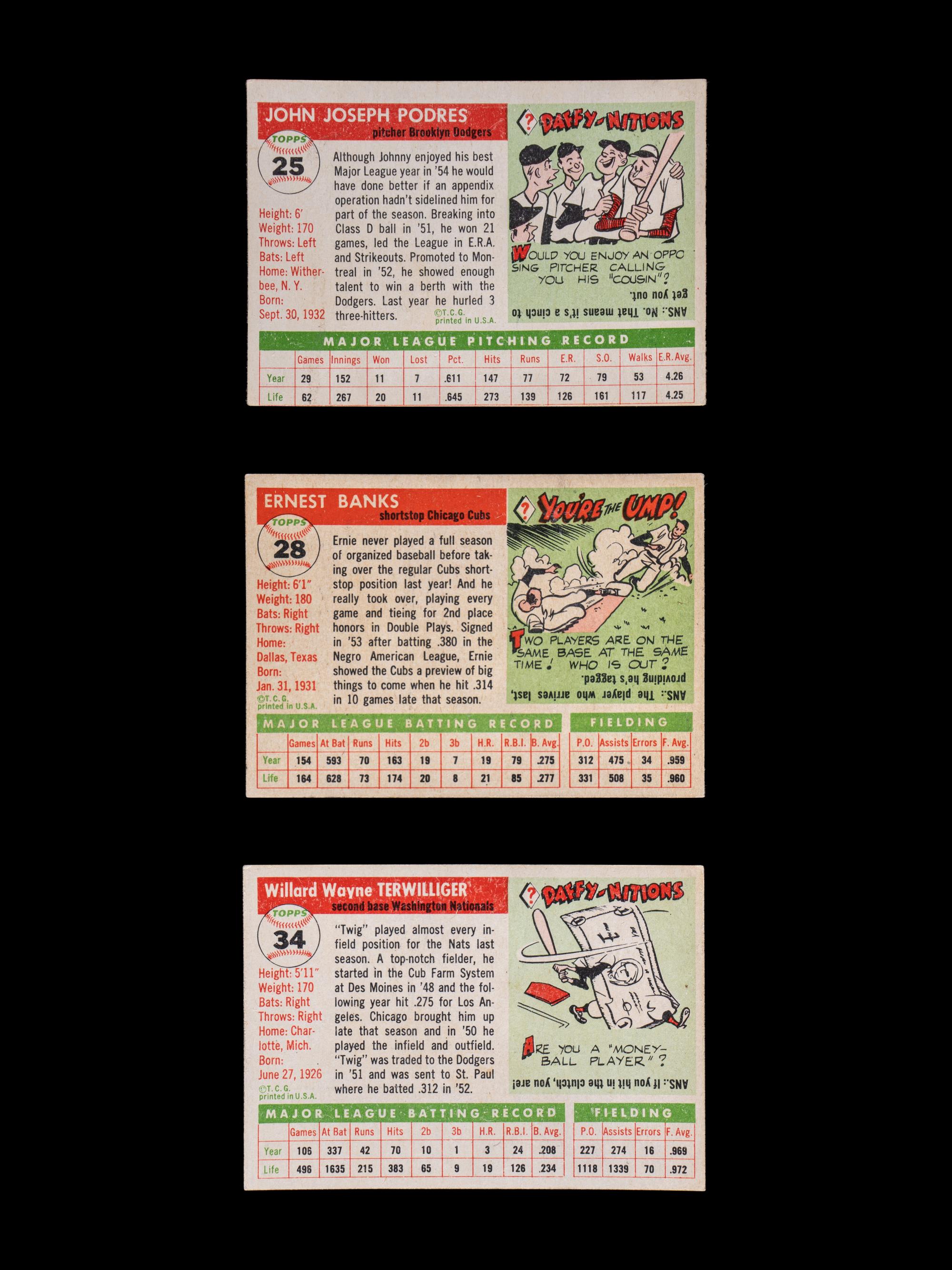 A Group of Three 1955 Topps Cards Including Ernie Banks.