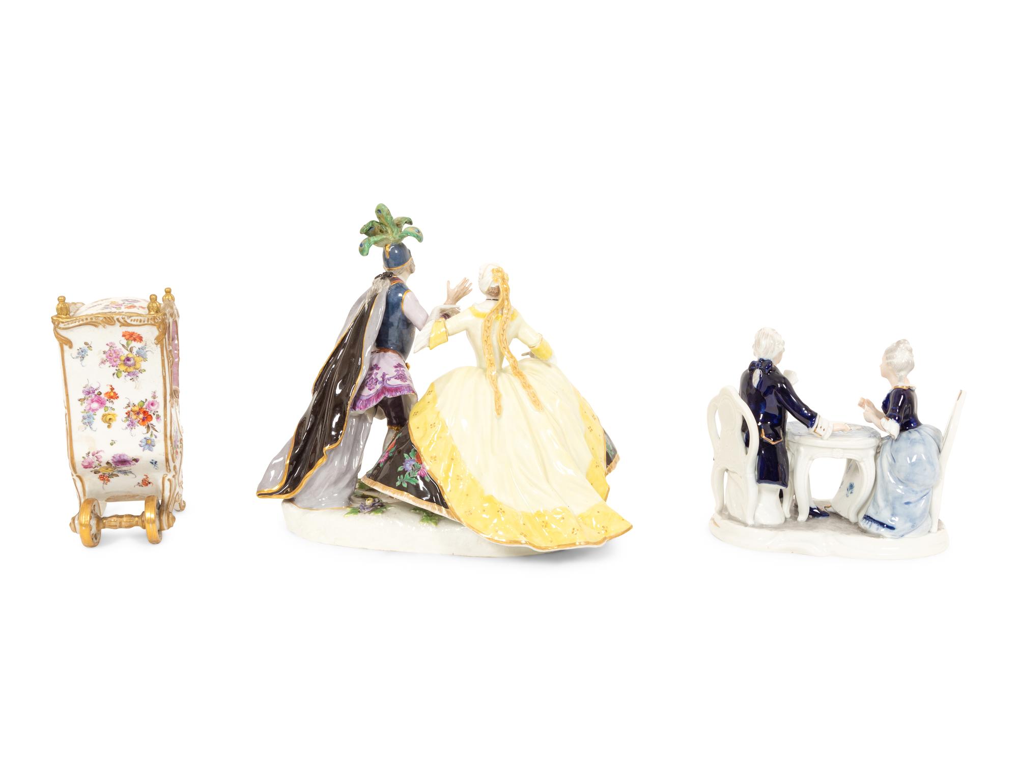 A Meissen Porcelain Sedan Chair and Two Figural Groups