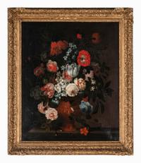 Still Life of Tulips, Narcissi, Roses, Peonies, Carnations and Other Flowers in a Vase on a Stone Ledge