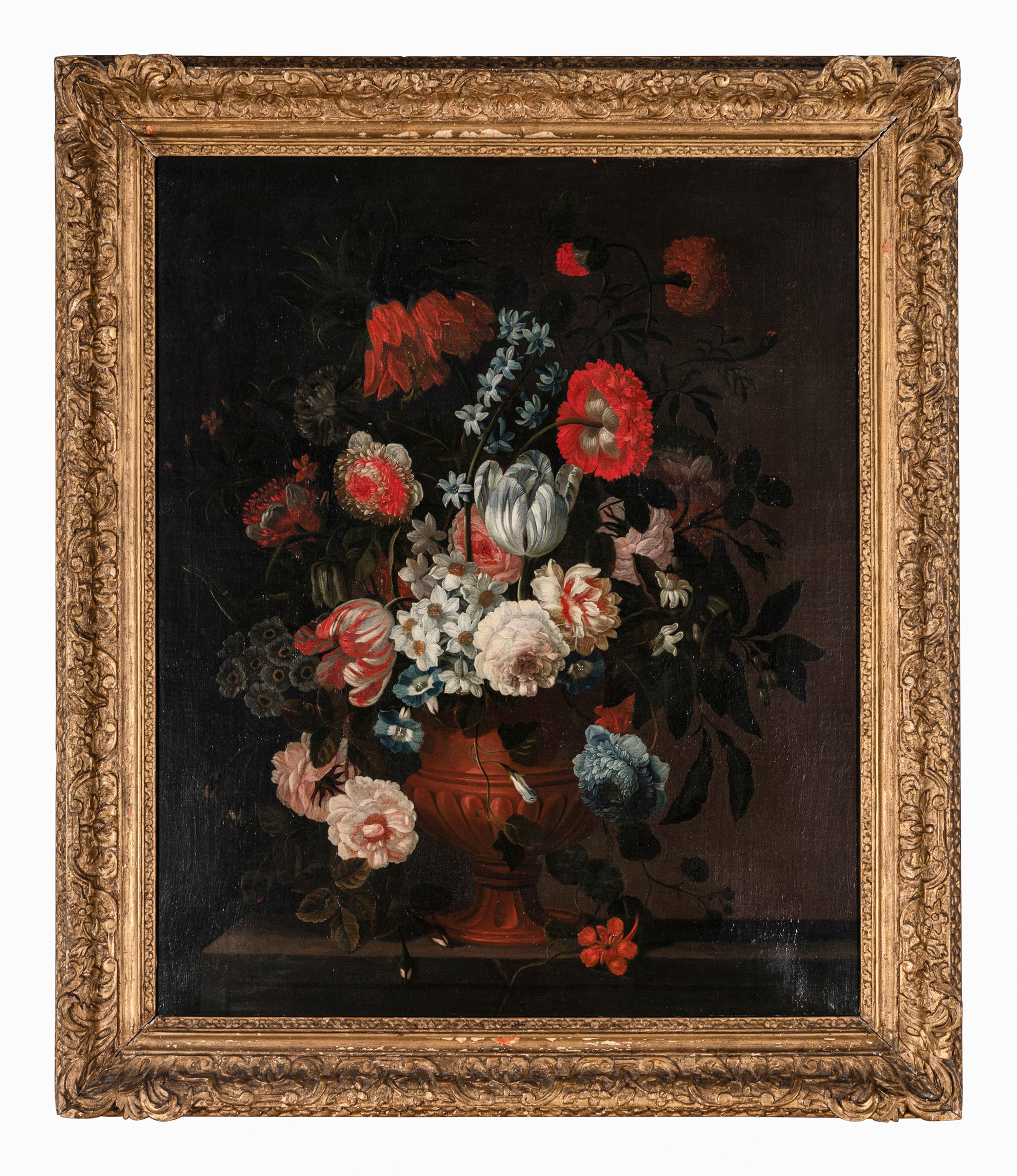 Still Life of Tulips, Narcissi, Roses, Peonies, Carnations and Other Flowers in a Vase on a Stone Ledge