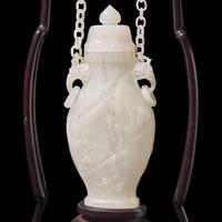 A Chinese Carved Jade Hanging Vase, 20th Century — 近代 花鳥紋玉鏈瓶
