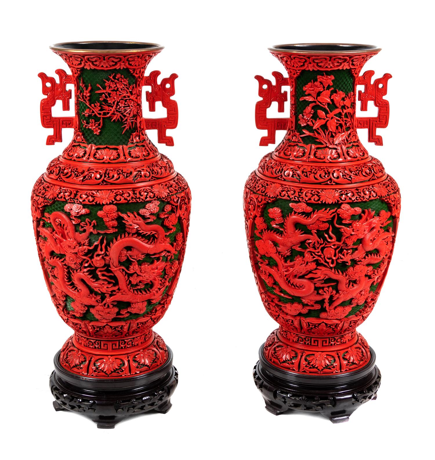 A Pair of Large Chinese Carved Red Lacquer Vases and Stands