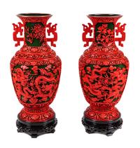 A Pair of Large Chinese Carved Red Lacquer Vases and Stands