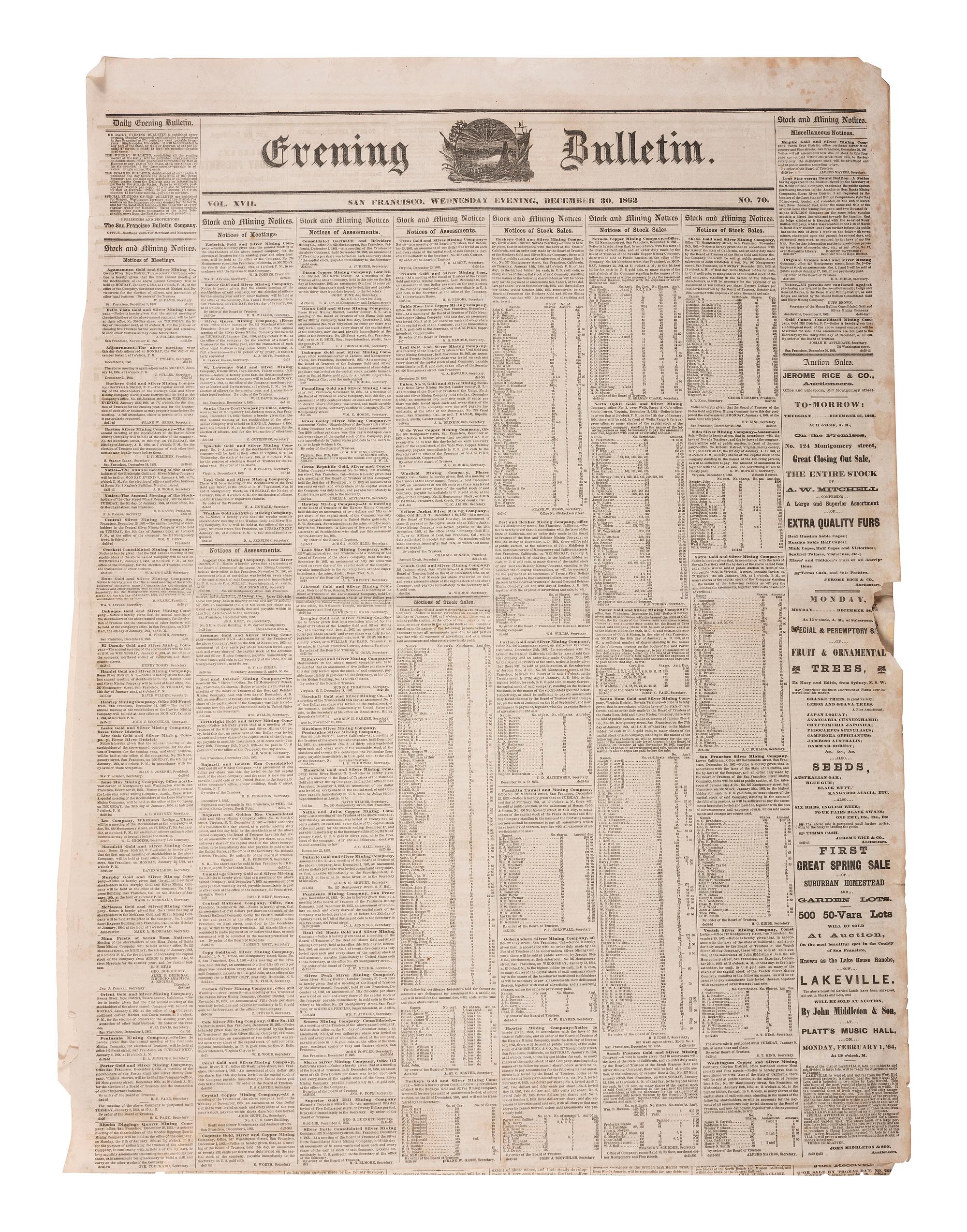 [CALIFORNIA -- CIVIL WAR]. Evening Bulletin. San Francisco, CA. 120+ issues, 1856 & 1863.