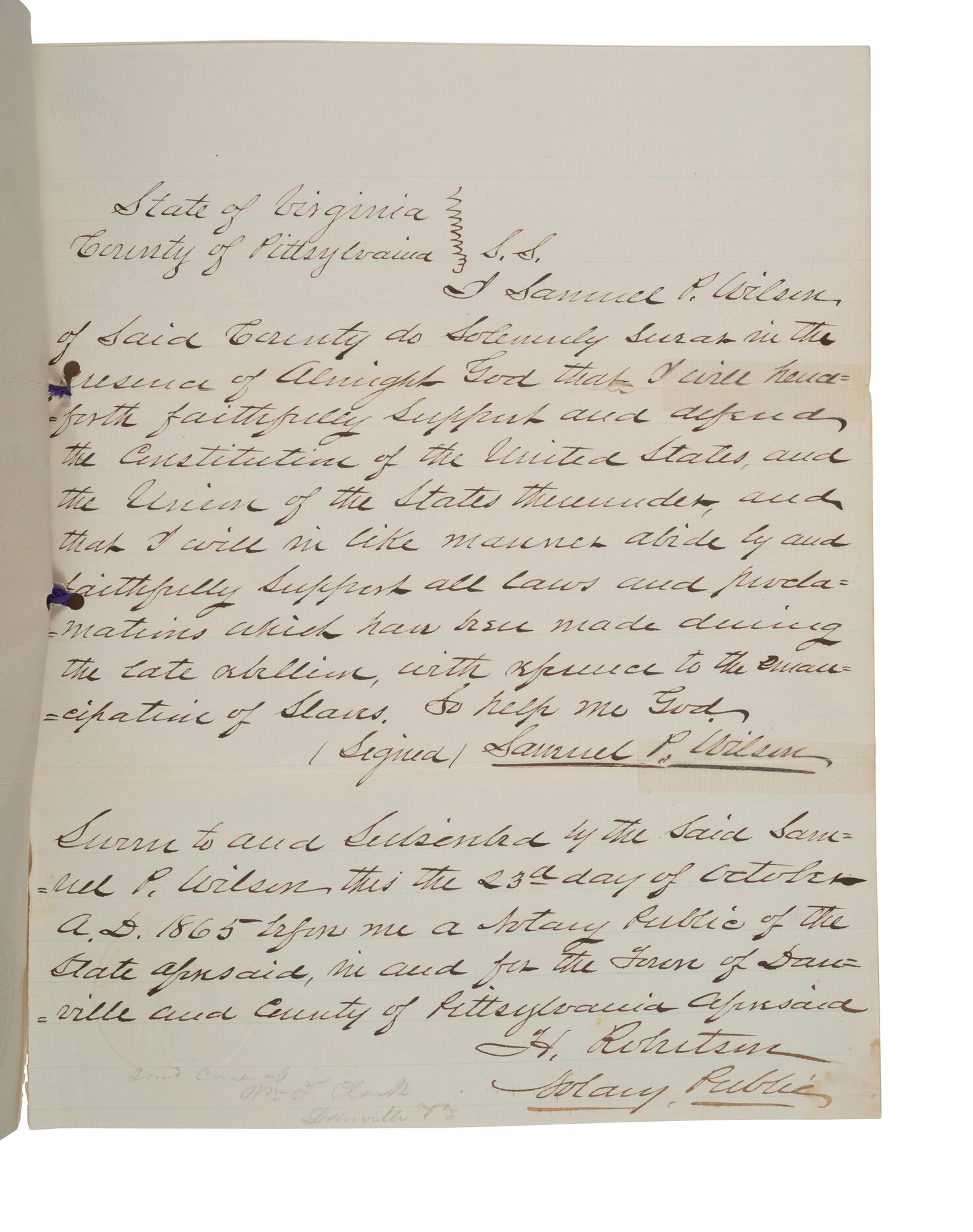 [CIVIL WAR]. Presidential pardon acknowledgement and oath of allegiance for Virginian ex-Confederate Samuel P. Wilson, Esq. 1865.