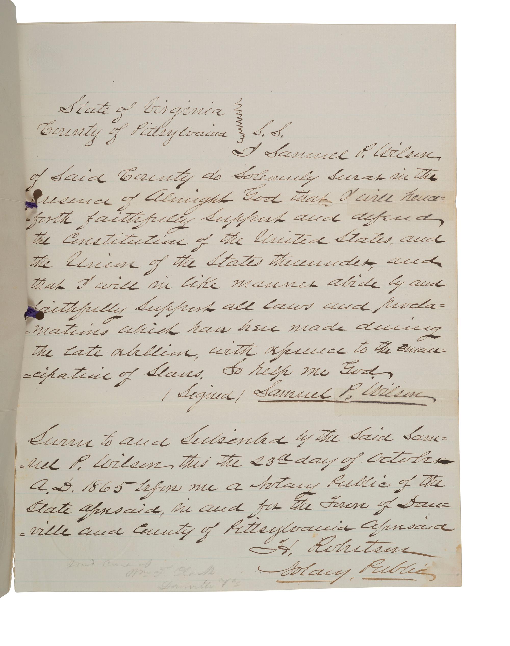 [CIVIL WAR]. Presidential pardon acknowledgement and oath of allegiance for Virginian ex-Confederate Samuel P. Wilson, Esq. 1865.