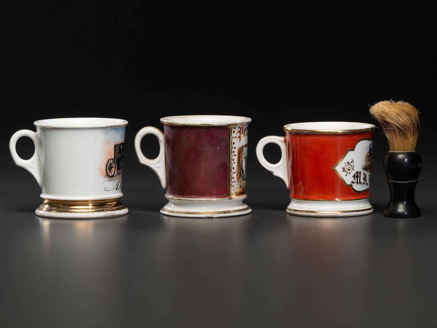 Three Porcelain Occupational Shaving Mugs of Equine Interest