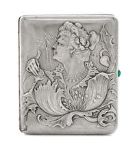 A Russian Silver Cigarette Case, Maker's mark obscured, assay mark of Ivan Lebedkin, Moscow, the lid with raised decoration showing a w