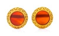 A Pair of 18 Karat Yellow Gold and Carnelian Earclips, 21.90 dwts.