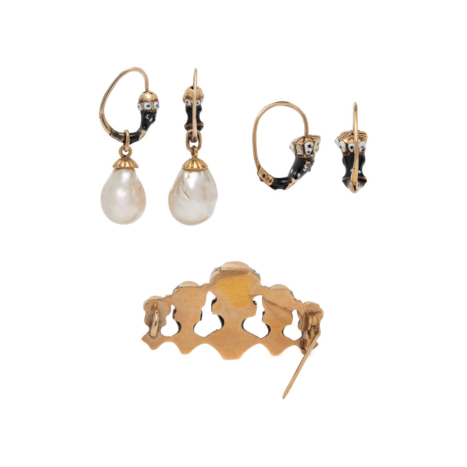 LATE VICTORIAN, AUSTRIAN, COLLECTION OF YELLOW GOLD, ENAMEL, AND BAROQUE PEARL JEWELRY