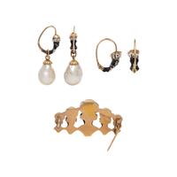 LATE VICTORIAN, AUSTRIAN, COLLECTION OF YELLOW GOLD, ENAMEL, AND BAROQUE PEARL JEWELRY