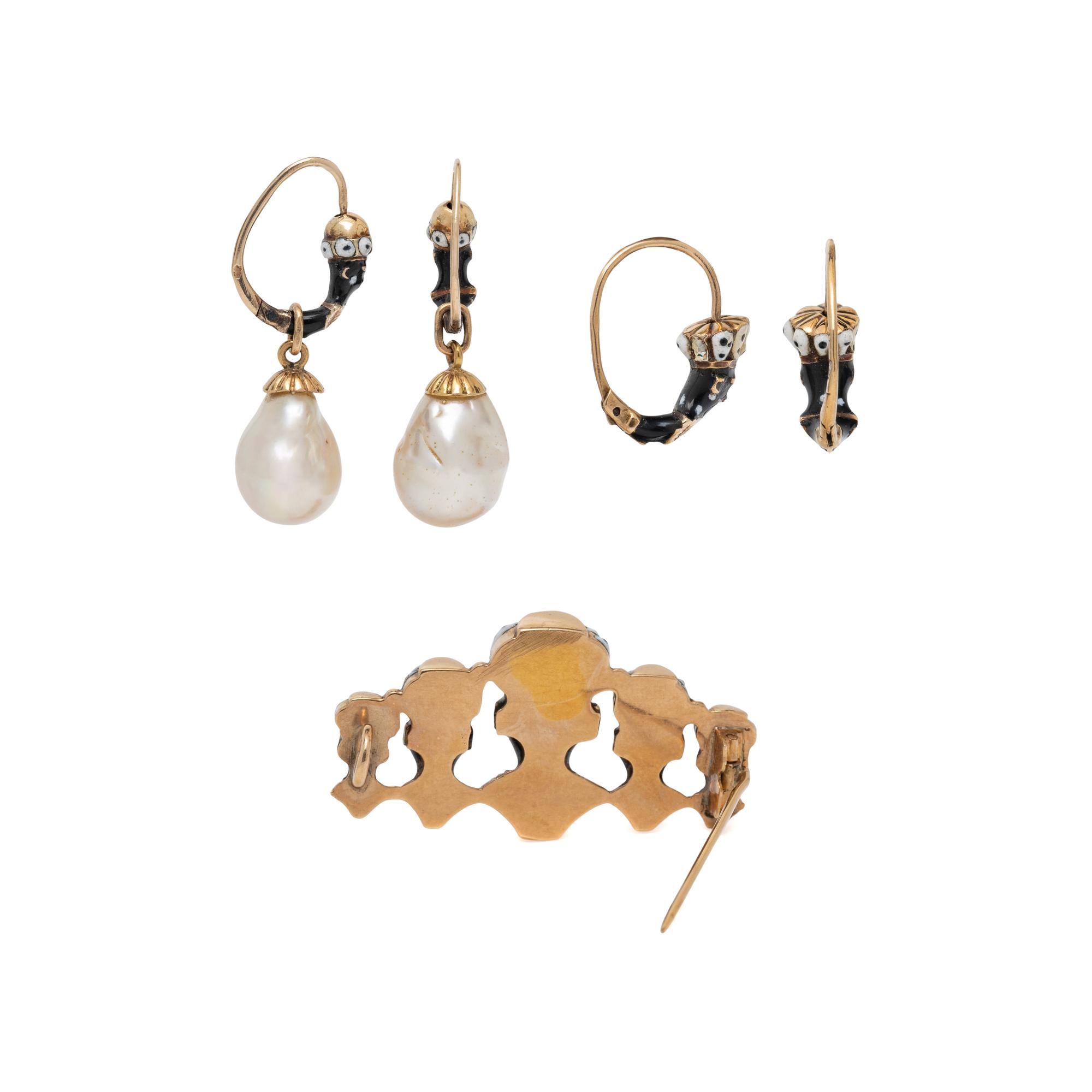 LATE VICTORIAN, AUSTRIAN, COLLECTION OF YELLOW GOLD, ENAMEL, AND BAROQUE PEARL JEWELRY