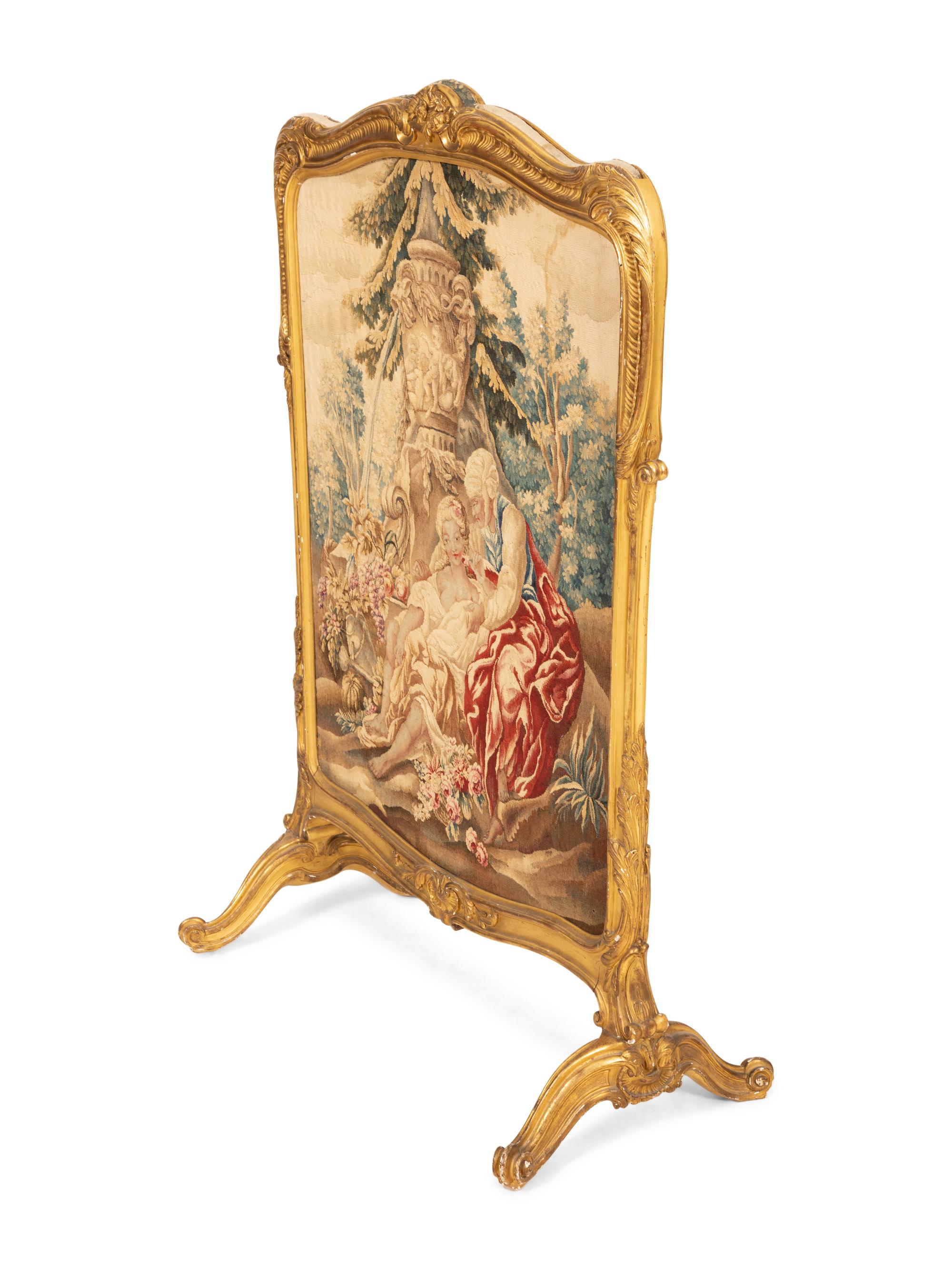 A Louis XV Style Aubusson Tapestry-Inset Giltwood Fire Screen
