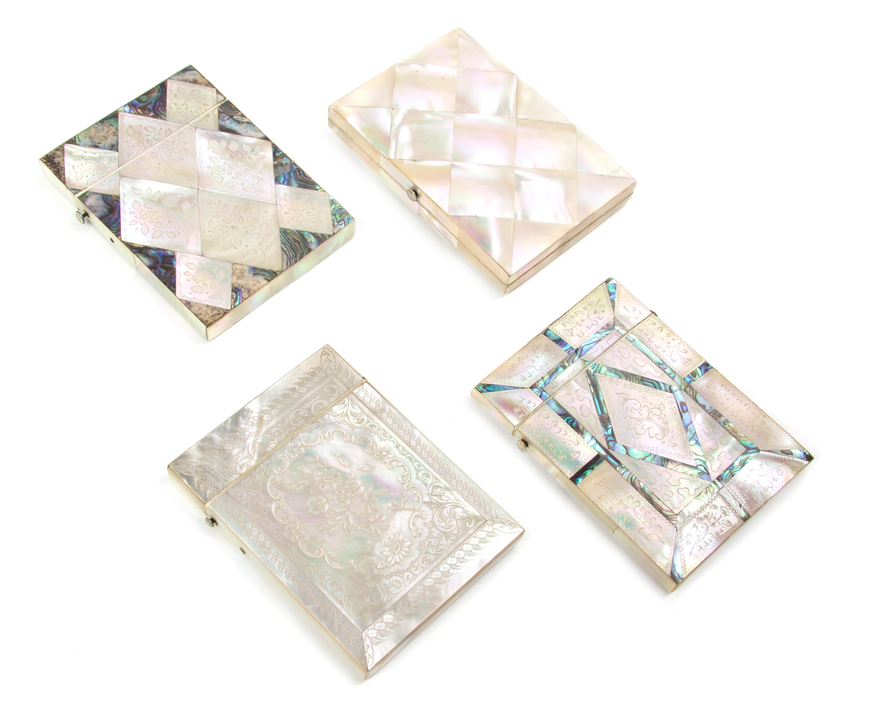A Collection of Four Mother-of-Pearl Veneered Card Cases, Height of tallest 4 1/4 inches.