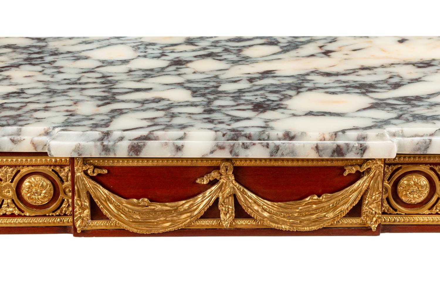 A Louis XVI Style Gilt Bronze Mounted Mahogany Marble-Top Console Table